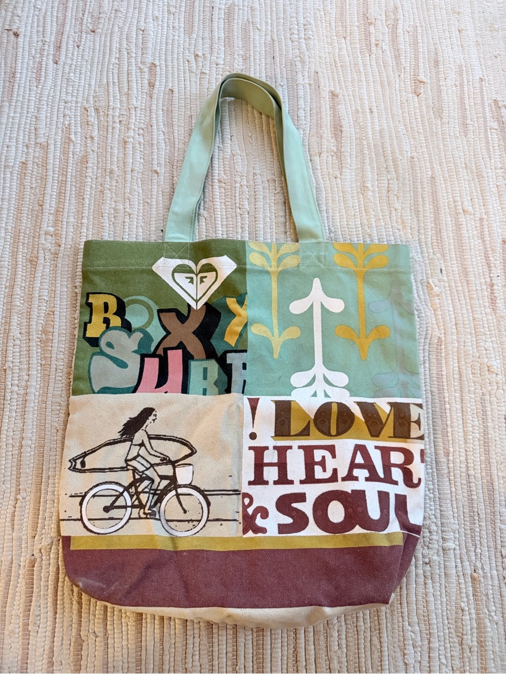 Roxy Surf Patchwork Canvas Tote - Mint, Beige, Maroon